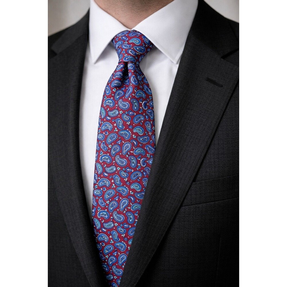 Tie 70s 80s 90s Y2K Mens Italian Silk Red Blue Paisley 3.75 Wide 55 Long